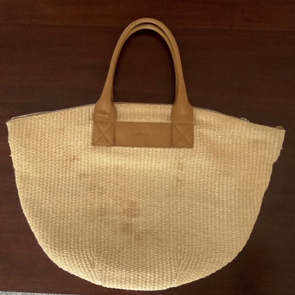 Authentic FURLA - Cream Straw Brown Leather Handbag - Picture 1 of 15